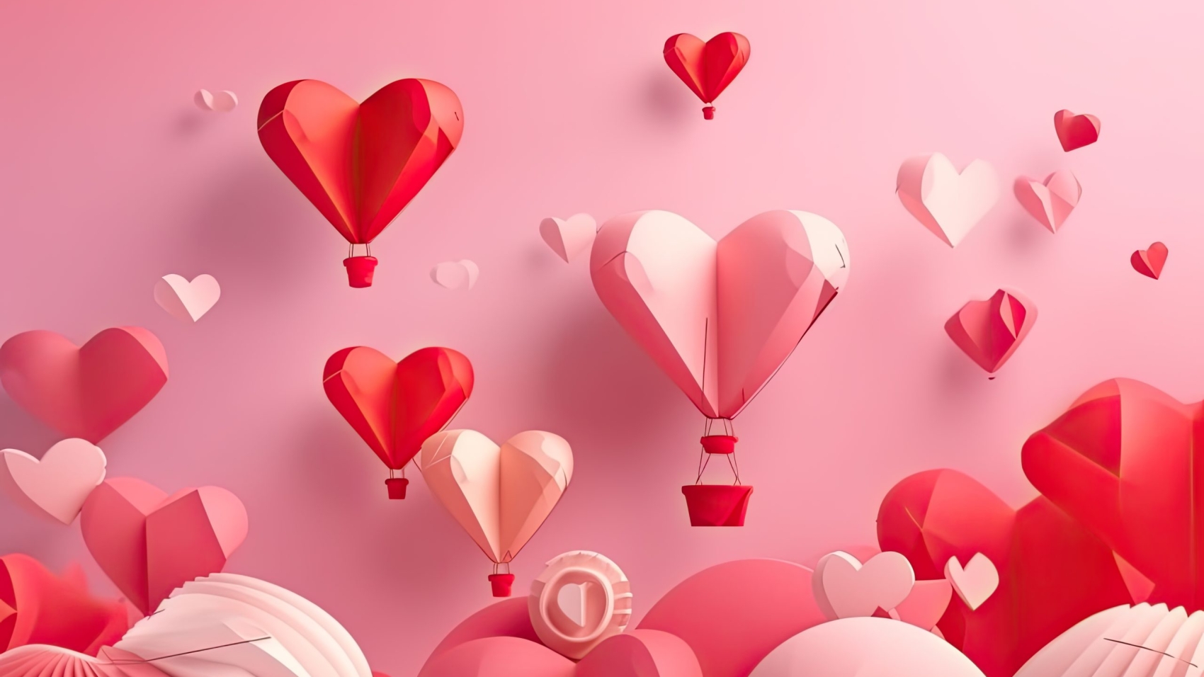 red background with hearts,balloons and gift packages with copy space.